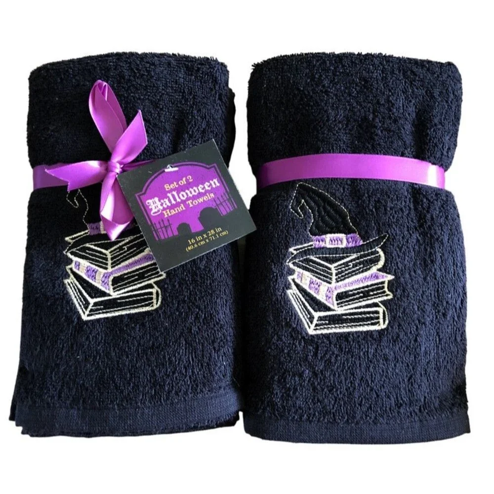 Halloween Witch Hat Hand Towels Bath Spell Books Embroidered Black Set of 2